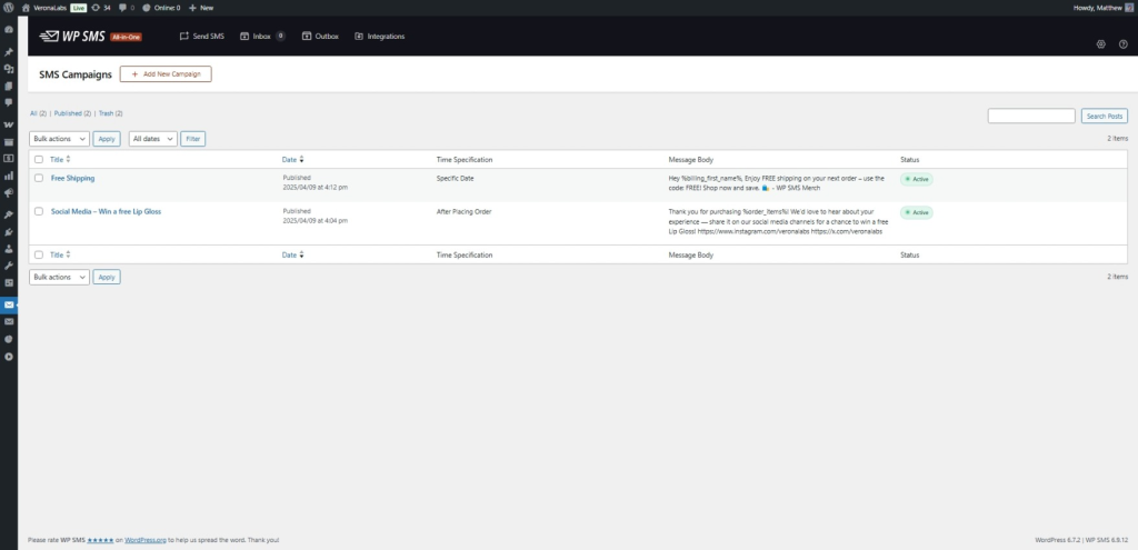 SMS campaign configuration